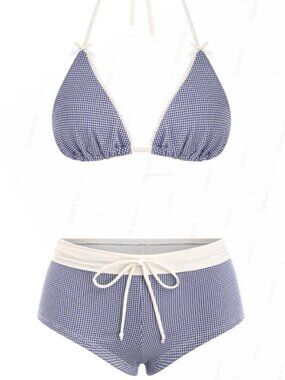 Seamolly Colorblock Gingham Lace Bowknot Boyshorts Bikini Set